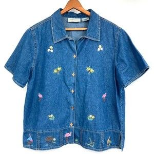 Lemon Grass Women's Plus Sz L Blue Denim School Teachers Embroidered Shirt